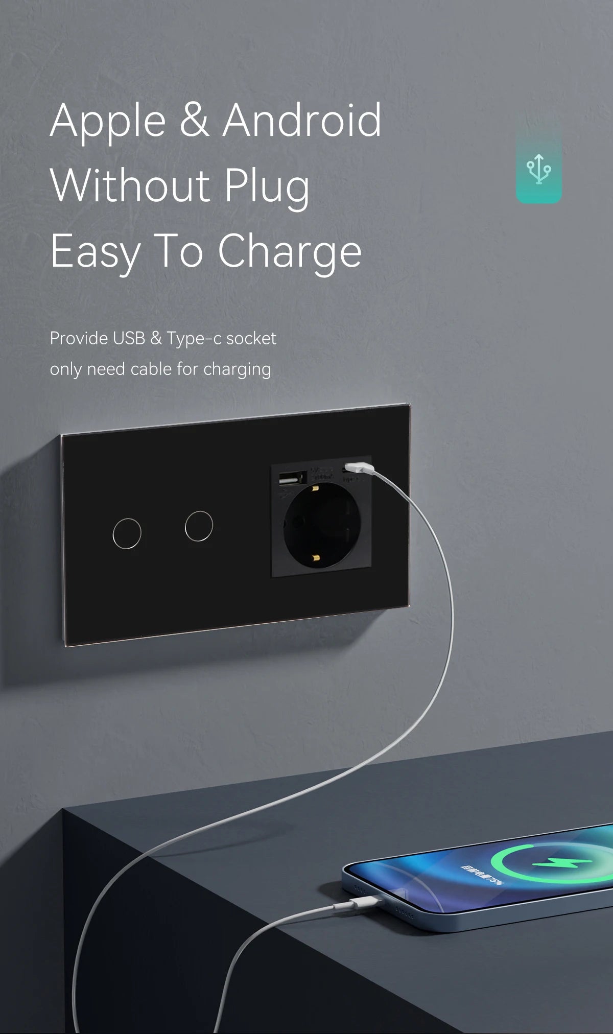 BSEED Touch Light Switch With EU USB Wall Sockets Black Wall Led Switches 1/2/3Gang 1Way Crystal Dark Blue Backlight Wall Switch