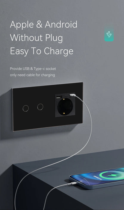 BSEED Touch Light Switch With EU USB Wall Sockets Black Wall Led Switches 1/2/3Gang 1Way Crystal Dark Blue Backlight Wall Switch
