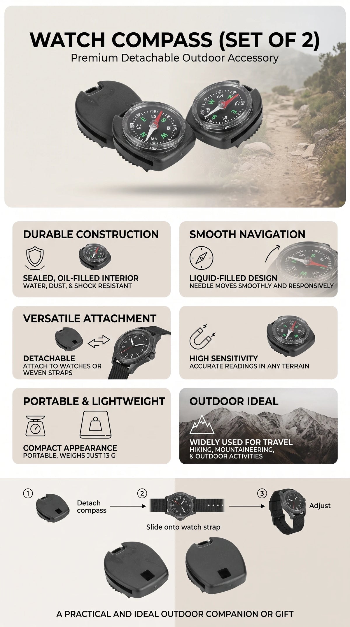 2pcs Compass for Watch Sliding Navigation Wristband Portable Beautiful Appearance Compasses Suitable for Outdoor Camping Boating