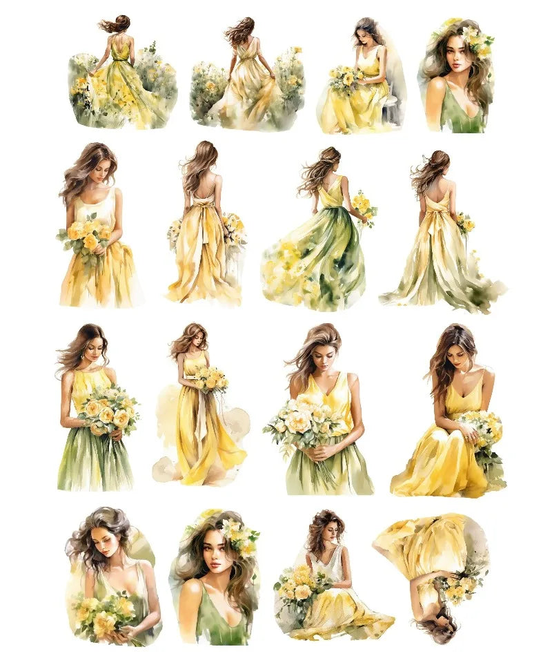 Fantasy Yellow Watercolor Summer Long Skirt Girl Stickers Cute Crafts Scrapbooking  Planner Journal  Stationery Planner Kawaii