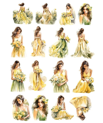 Fantasy Yellow Watercolor Summer Long Skirt Girl Stickers Cute Crafts Scrapbooking  Planner Journal  Stationery Planner Kawaii