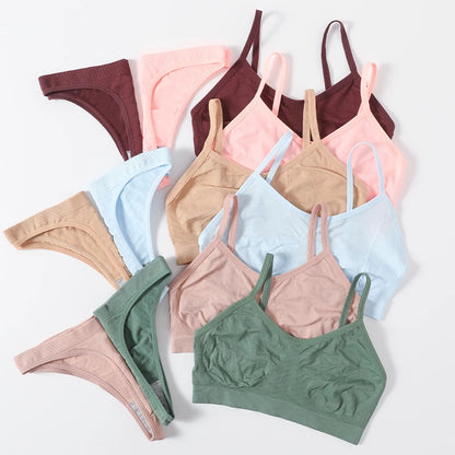 Women Seamless Bra And Panties Set Wire Free Bralette High Leg Cut Thongs Comfort Ribbed Unlined Underwear Sexy Lingerie Set