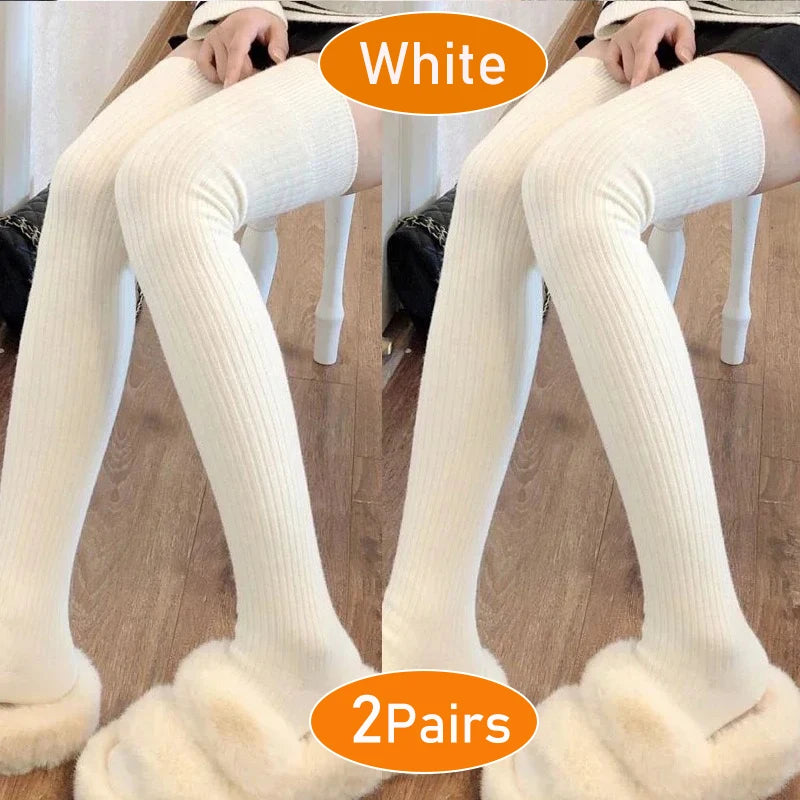 Cashmere Knitted Knee High Socks Women's Solid Soft Long Wool Socks Casual Fluffy Warm Stocking Skinny Thicken Thigh High Socks