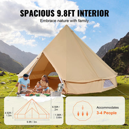 SucceBuy Canvas Bell Tent 4 Seasons 9.8ft Yurt Tent Canvas Tent for Camping with Stove Jack Breathable Tent Holds up to 4 People