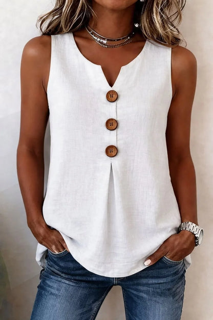 Summer 2026 Women's Blouses Fashion Button Cotton Linen Sleeveless Shirts Casual Solid Colors V-Neck Loose Plus Size Tank Tops