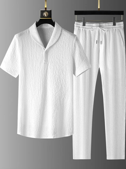 Summer Linen Set Men's Short Sleeve T-Shirt Tang Suit Style Casual Men's Wear Complete Set Lightweight Ice Silk Material