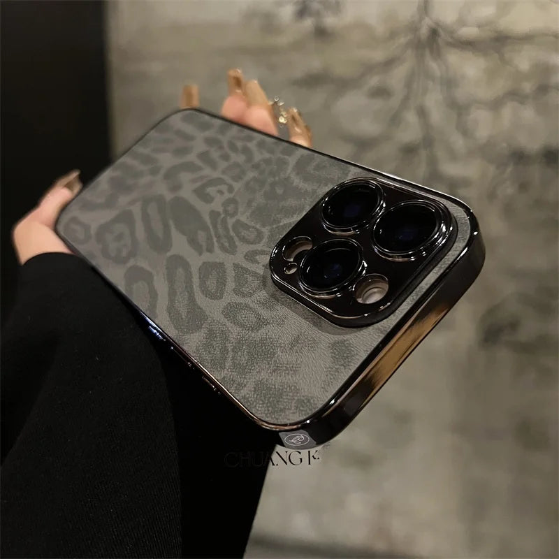 Luxury Plating Leopard Texture Leather Case For iPhone 17 16 15 14 Plus 13 12 11 Pro Max Lens Protection Shockproof  Cover Capa