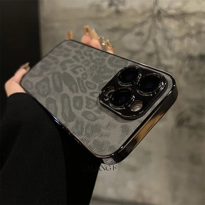 Luxury Plating Leopard Texture Leather Case For iPhone 17 16 15 14 Plus 13 12 11 Pro Max Lens Protection Shockproof  Cover Capa