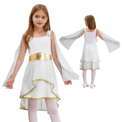 Halloween Virgin Mary Costume for Kids Girls Fancy Greek Princess Cosplay Long Sleeve Ruffle Dress with Chiffon Cape Theme Party