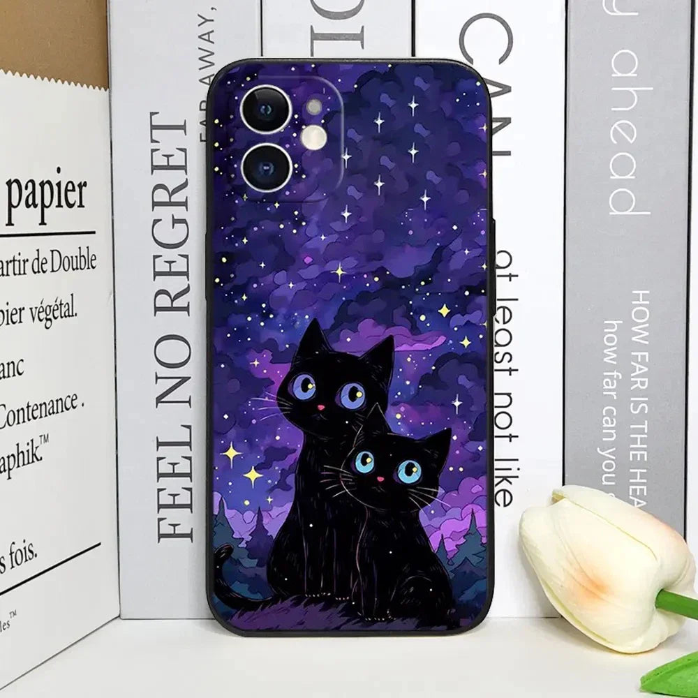 Artistic Black Cat Starry Night Phone Case For iPhone 17 16 15 14 13 12 Pro Max Mini 7 8 SE Plus Couple Cover Soft Shell Fundas