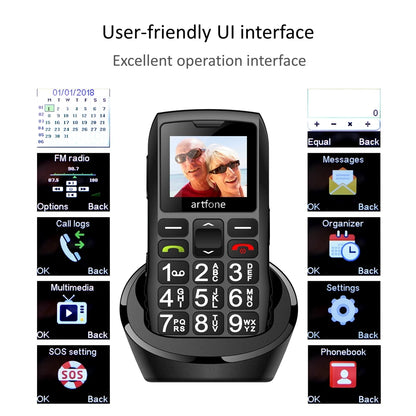 Artfone C1+ Bar Senior Mobile Phone With Free Charging Dock  Big Rubber Keypad  For Elderly Dual Sim One Key SOS FM 1400mAh