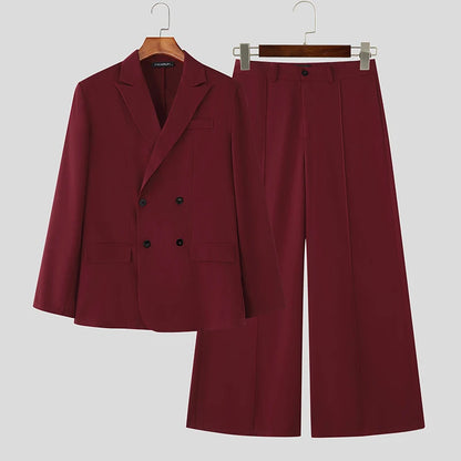 INCERUN Men Sets Solid Color Double Breasted Long Sleeve Blazer & Pants Two Pieces Sets Streetwear Fashion Casual Men's Suits