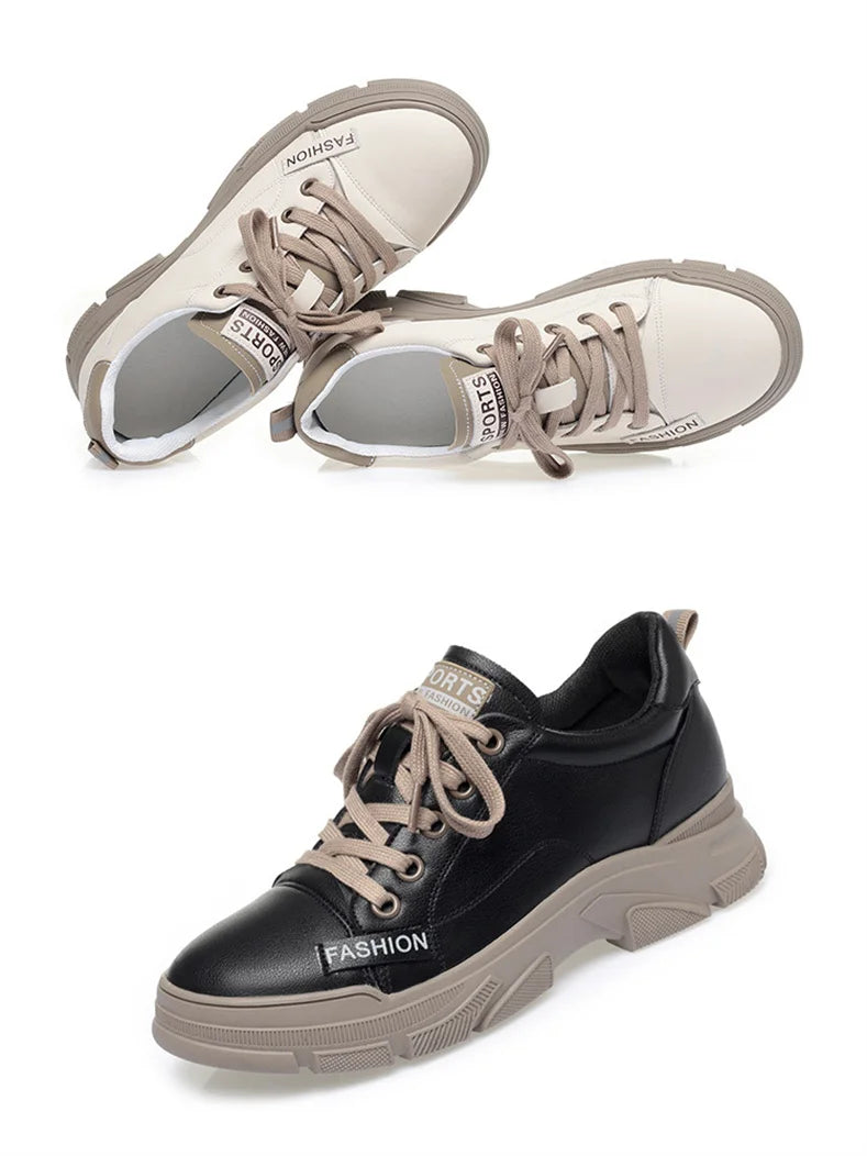 Spring Non-slip Soft Leather Sneaker Trekking Footwear New Women's Thick-soled Lace-up Leisure Skateboard Sports Shoes