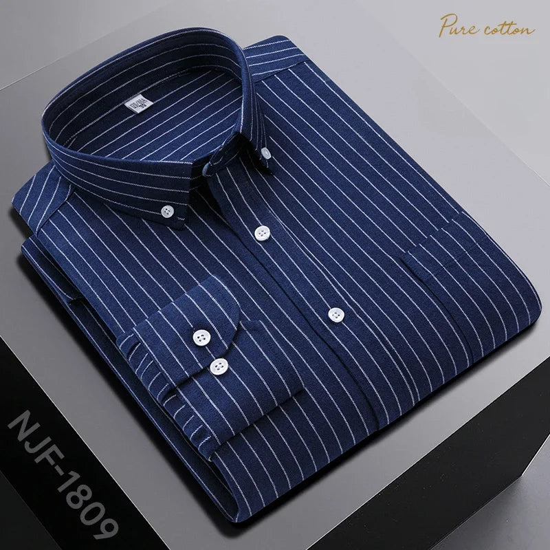 New In Shirt Oversize Long-Sleeve 100%Cotton Shirts for Men Slim Fit Formal Plain Shirt Plaid Casual Tops Designer Black Clothes