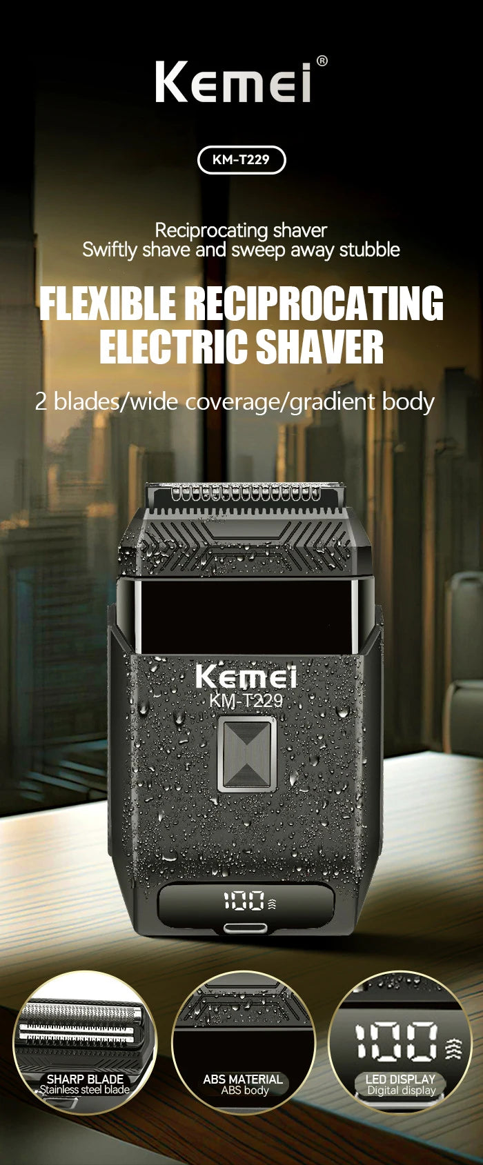 Kemei  Professional IPX7 Waterproof Shaving Machine Men Travel Beard Trimmer Electric Shaver Barber Rechargeable Razor KM-T229