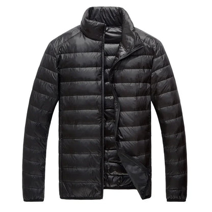 Schinteon Men Ultralight White Duck Down Jacket Thin Stand Collar Solid Color Simple Autumn Outwear