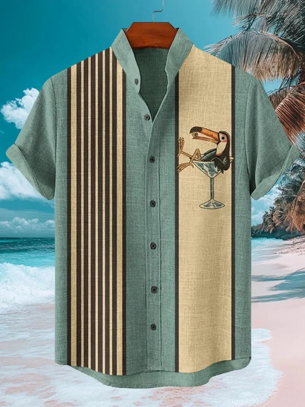 Men's Japanese Retro Art Black Cat Print Shirt Short Sleeve Stand Up Collar Single Breasted Casual Linen Top for Vacation