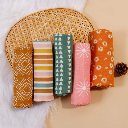 HappyFlute New Print 5Pcs/set 60*60CM Soft Muslin Swaddle Feeding Burp Cloth Newborn Pure Cotton Baby Face&Hand Wash Wipe