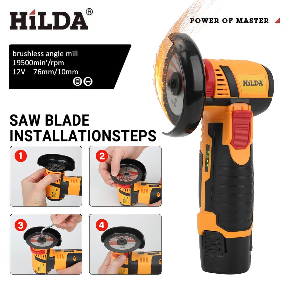 HILDA 12V Mini 3 Inch Brushless Electric Angle Grinder Micro Lithium-ion Polisher Diamond Cutting And Grinding Machine Men Gift