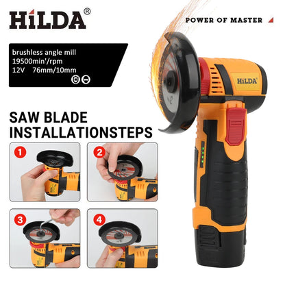 HILDA 12V Mini 3 Inch Brushless Electric Angle Grinder Micro Lithium-ion Polisher Diamond Cutting And Grinding Machine Men Gift