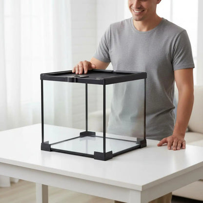 Stackable Reptile Terrarium Glass Cage Secure Mesh Lid with Heat Lamp Holder for Small Pets Display