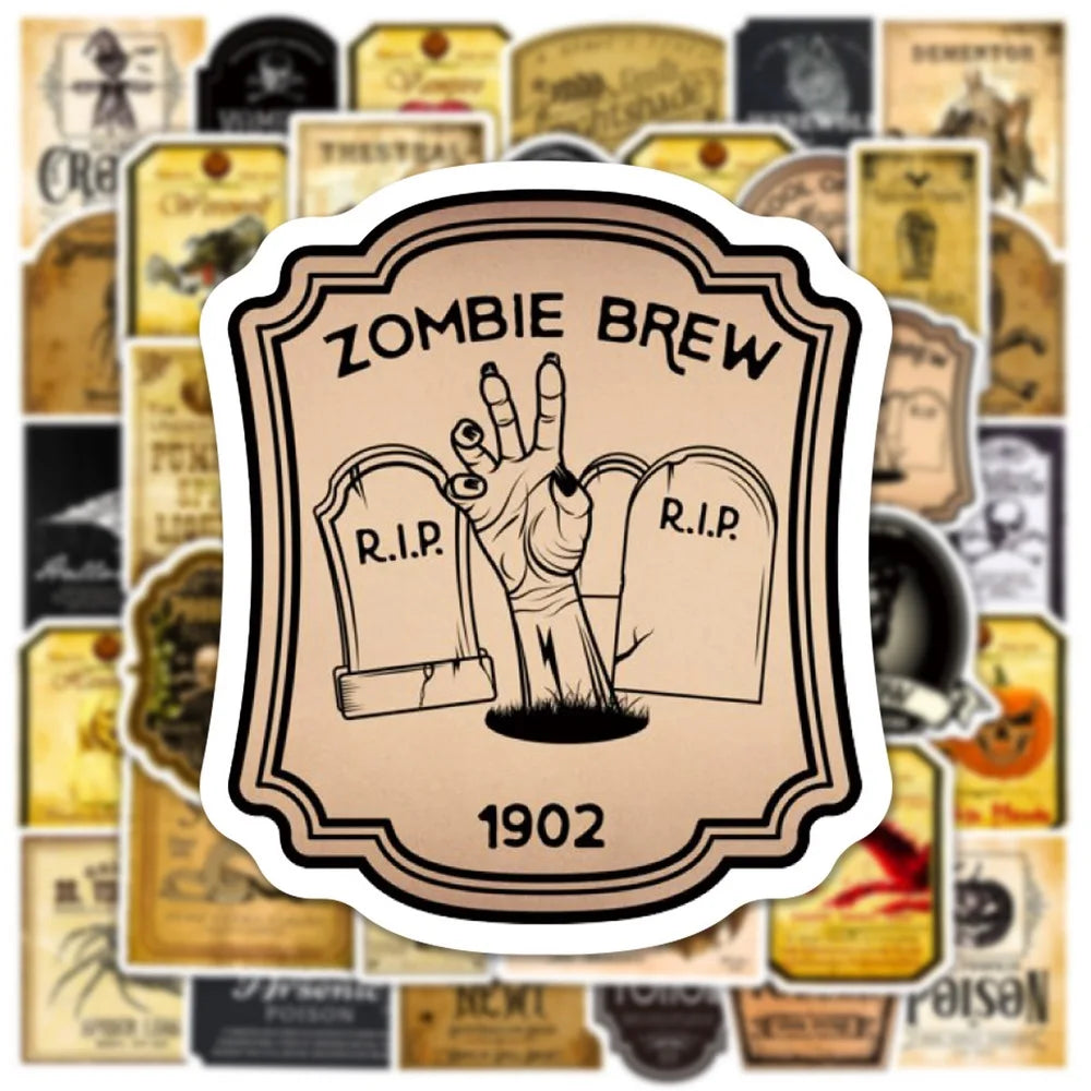 50pcs Halloween Bottle Labels Stickers Retro Horror Gothic Magic Potion Vintage Decals Suitcase Scrapbooking Laptop Toys