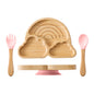 Baby Wooden Tableware Set Wooden Handle Fork Spoon Could Bamboo Wooden Plate Bowl Silicone Suction for Children Feeding Supplies