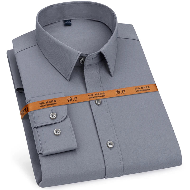 New Men's Solid Color Business Shirt Formal Fashion Thin Classic Basic Casual Slim White Long Sleeve Social Shirt Men Clothes