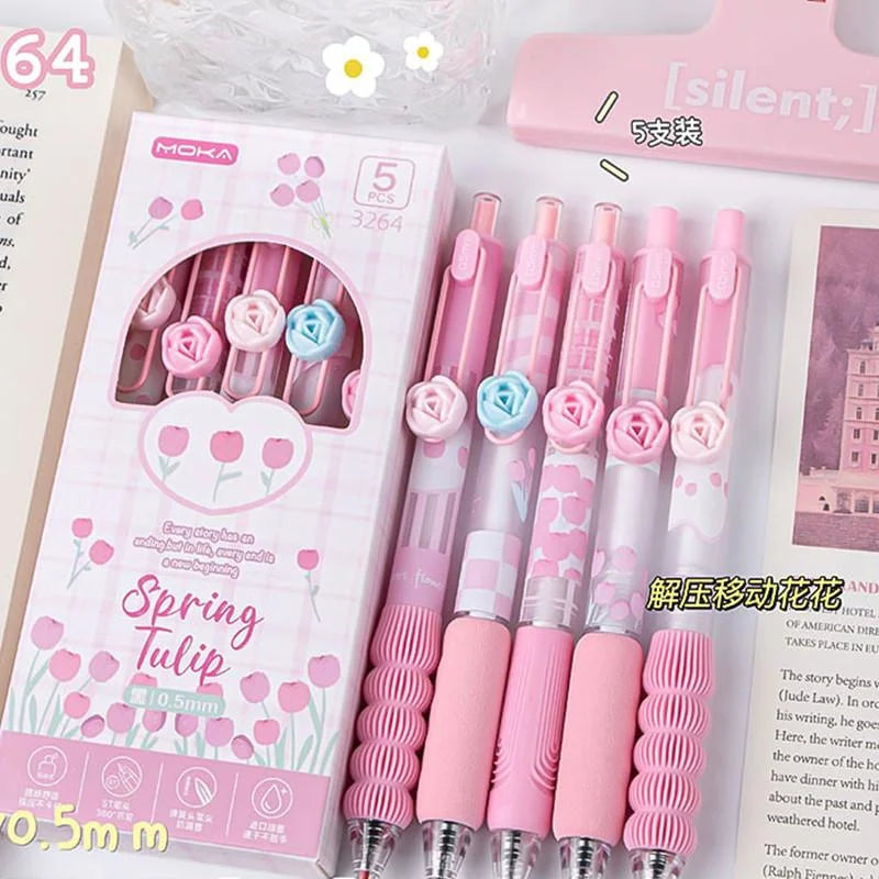 5Pcs Creative Rose Series 0.5mm Gel Pen Set Ultra Soft Silicone Pen Grip Quick-Drying Ink Pen Office Signature Pen