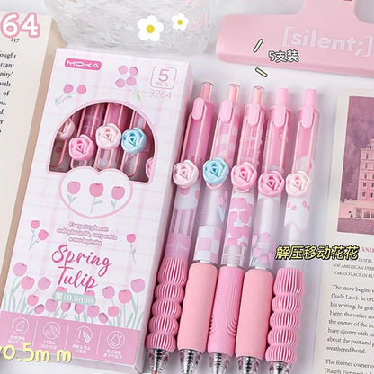 5Pcs Creative Rose Series 0.5mm Gel Pen Set Ultra Soft Silicone Pen Grip Quick-Drying Ink Pen Office Signature Pen