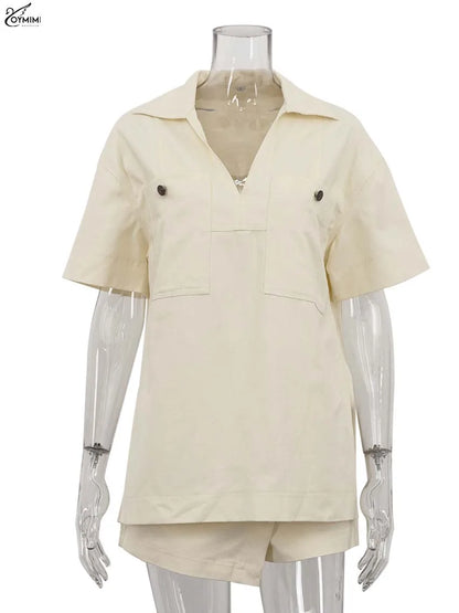 Oymimi Fashion Beige 2 Piece Sets Woman Outfit Elegant Lapel Short Sleeve Pockets Side Slit Shirts And High Waisted Shorts Sets