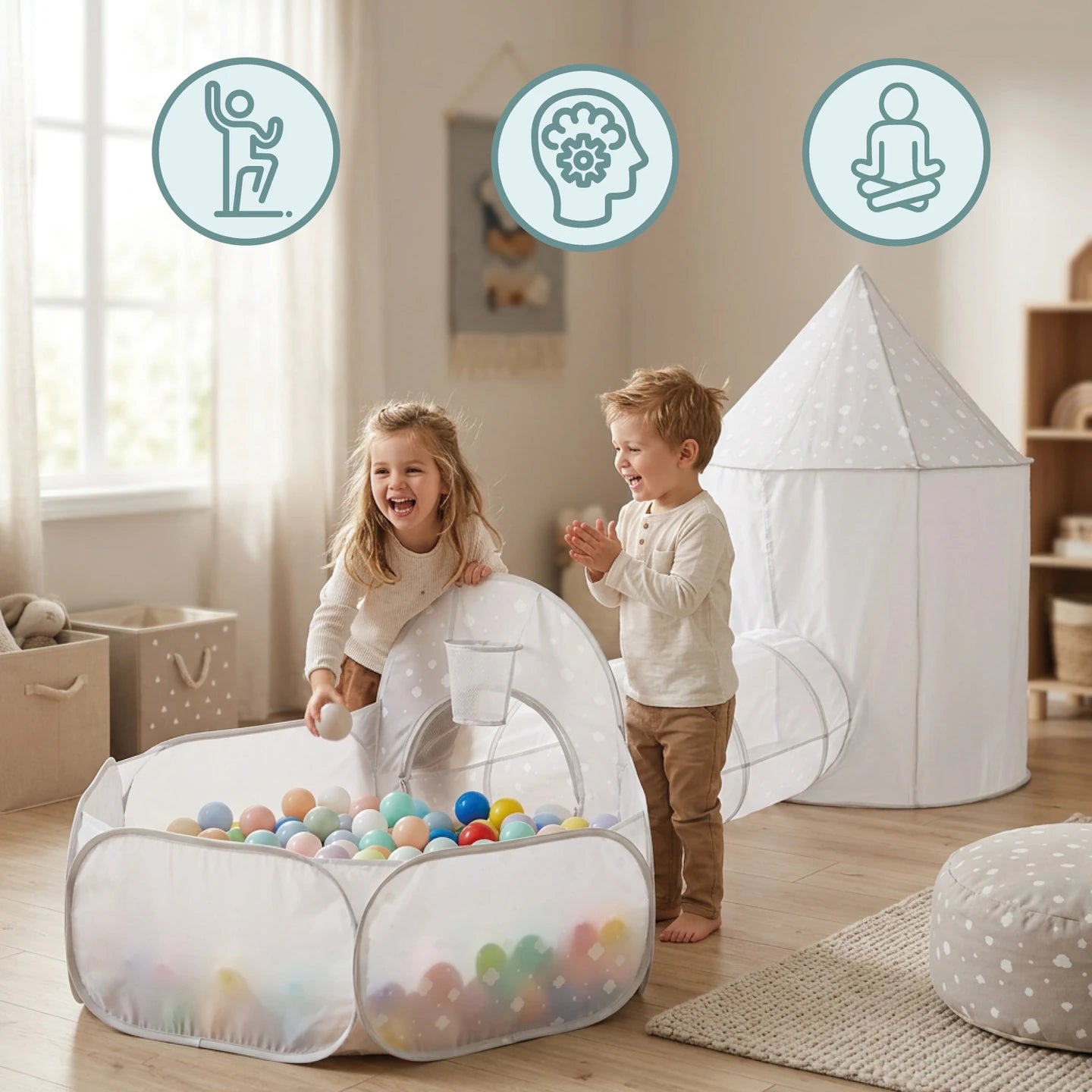 Mamabrum 3in 1 Tent with Tunnel and Pool for Big Kids Play Square 3 + Educational Set for Room and Garden Folding