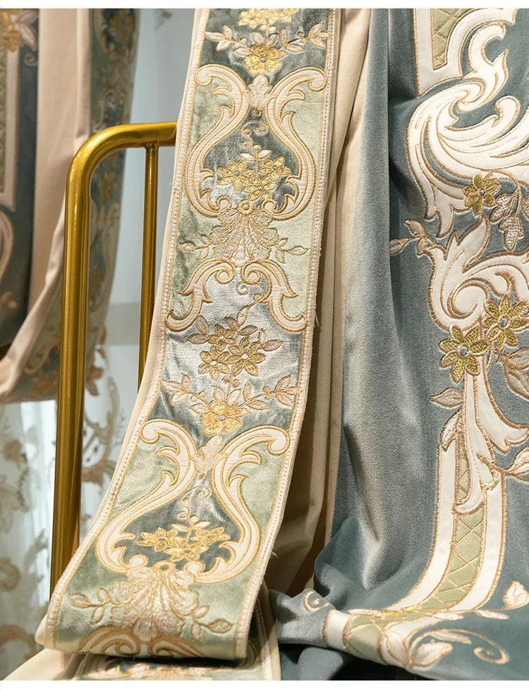 European Embroidered Thickened Blackout Blue Velvet Curtains for Living Room Bedroom Blackout  Lace Luxury Valance Tulle Custom