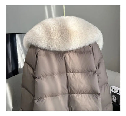 High end Faux Fox fur detachable Large Lapel fur Down Jacket For women 2025 Winter New Medium long Loose White goose Down Coats