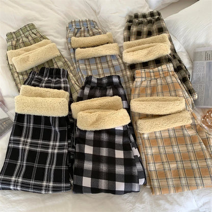 JMPRS Fashion Warm Plush Pants Thick Plaid Women Casual Loose Wide Leg Trousers Korean Streetwear Straight Student Pants New