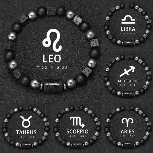 12 Constellation Zodiac Bracele Signs Beads Couples Bracelet Square Volcanic Stone Elastic Charm Bracelet for Women Men Gift