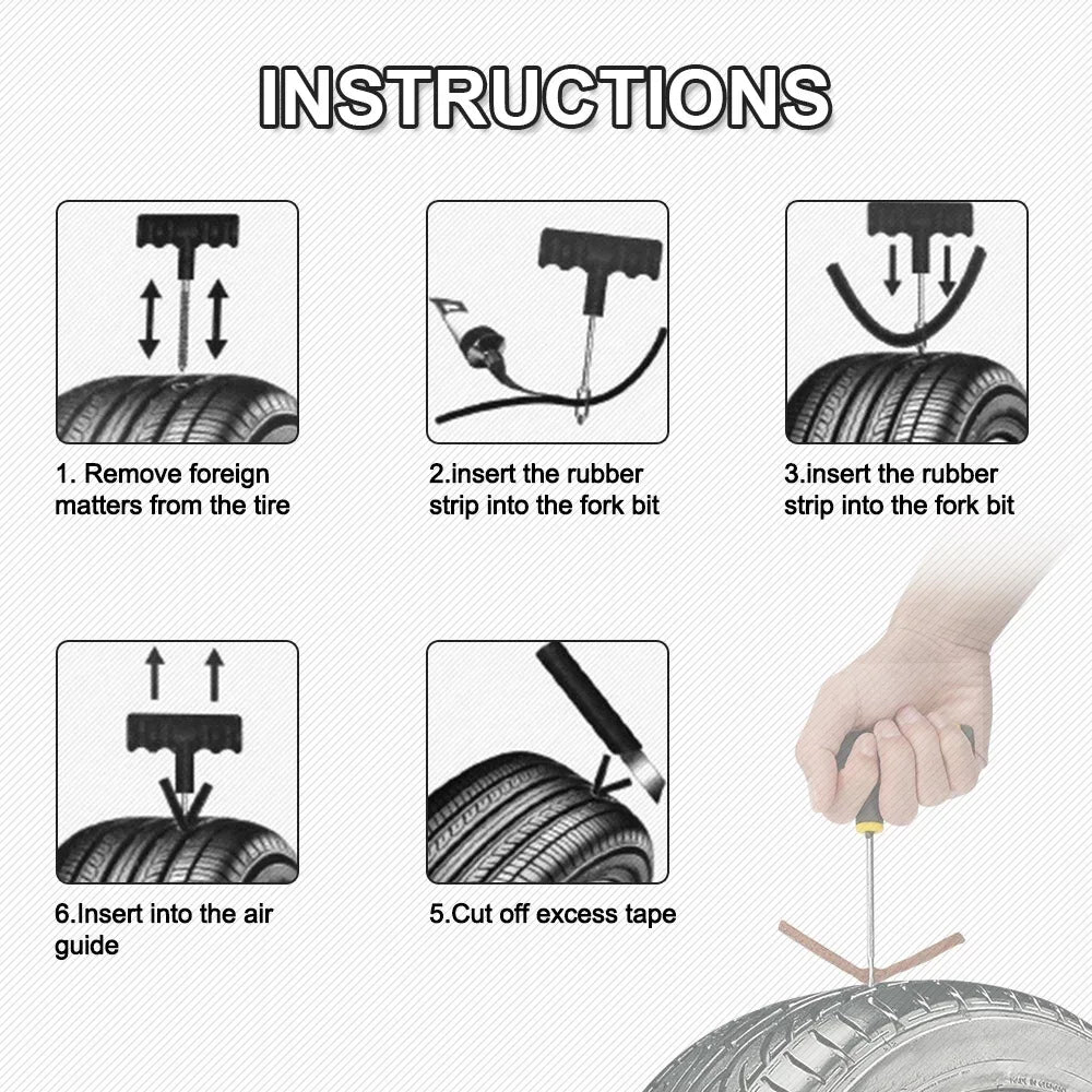 Universal Car Bike Motorcycle Tire Repair Kit - Pro Tubeless Puncture Fix Set w/Studding Tool & Strips Glue Free All Vehicles