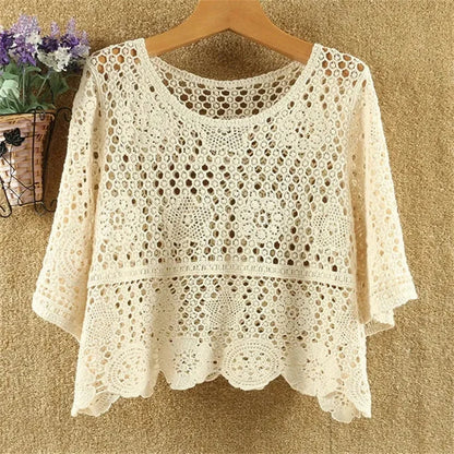 Women's Summer Short Jacket 2025 New Pullover Round Neck Knit Female Sweater Top Loose Fashion Hollowing Out Ladies Lace Tops