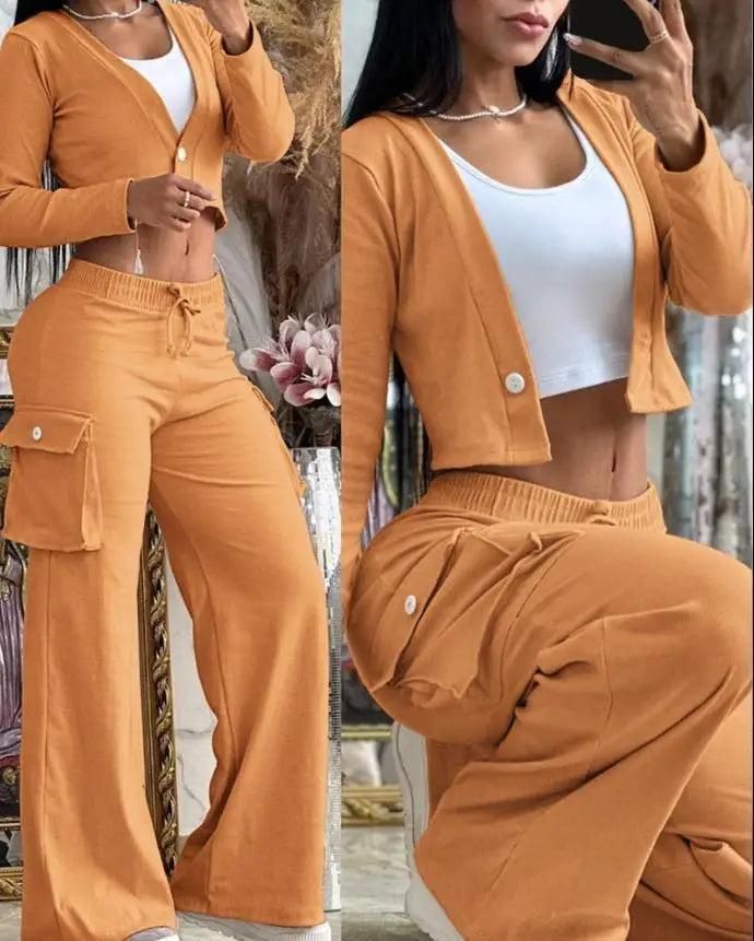 Autumn Fashionable And Elegant Solid Color Women's Suit Long-sleeved V-neck Short Coat Pocket Wide-leg Drawstring Trousers Suit