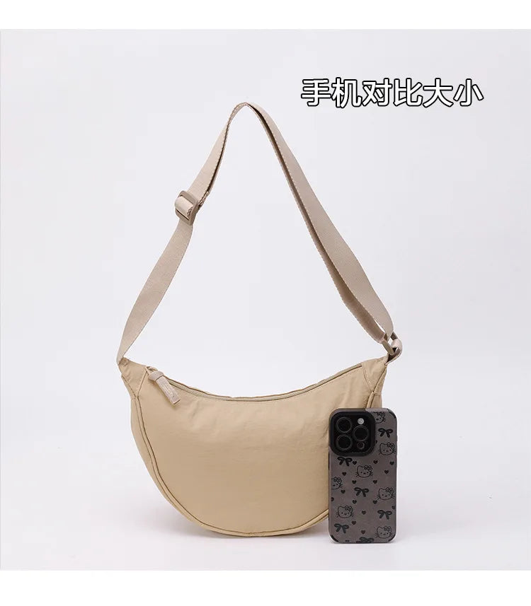 Nylon fabric zipper crossbody bag for men and women, crescent-shaped dumpling bag under the armpits, large capacity