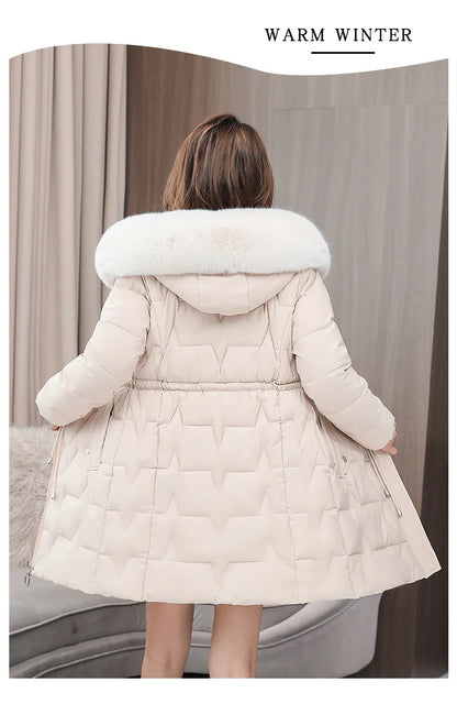 Hooded Women Parkas Coats Mid LenthJackets  Oversize Solid Fur Collar Zipper Drawstring Waist Loose Casual 2025 Autumn Winter
