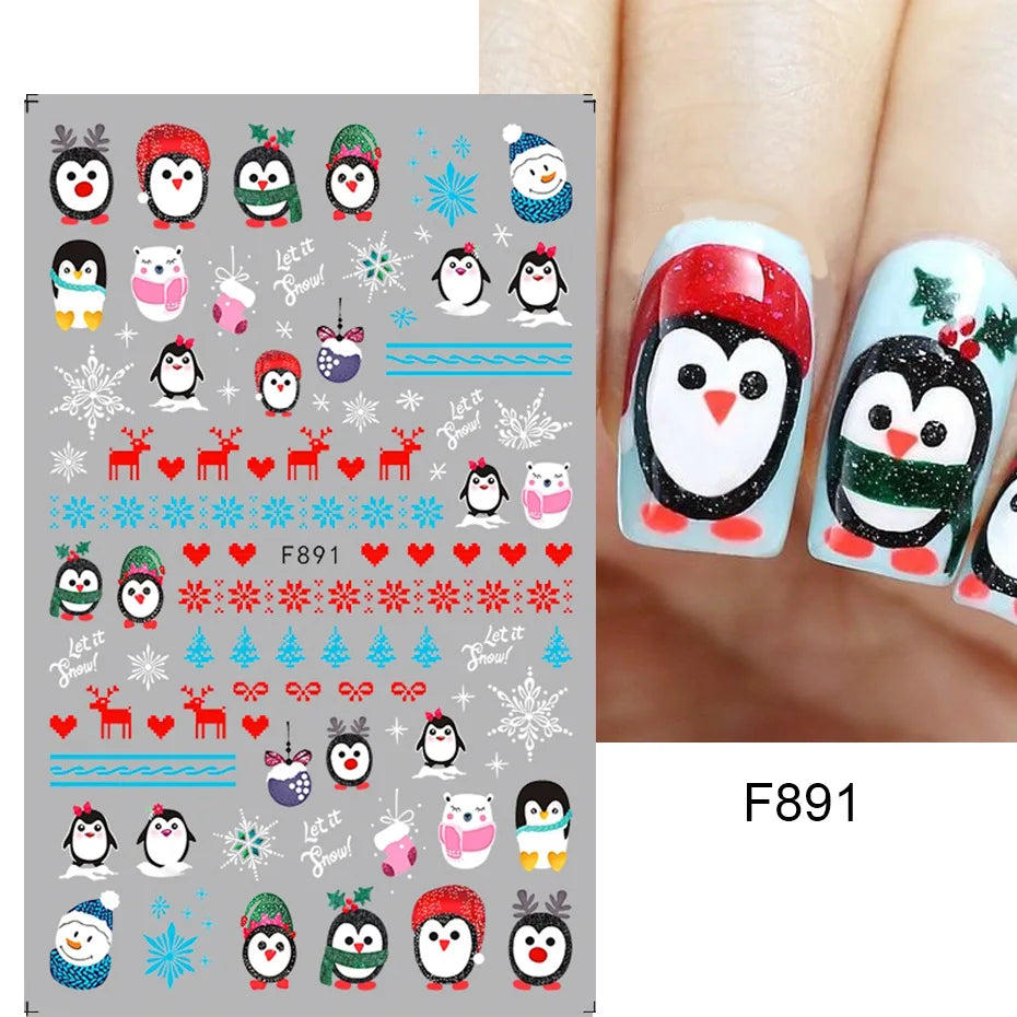 1PCS New Christmas Decorations 2023 New Year Nail Stickers Press on Nails Laser Snowflake Christmas Tree 3D Nail Decal