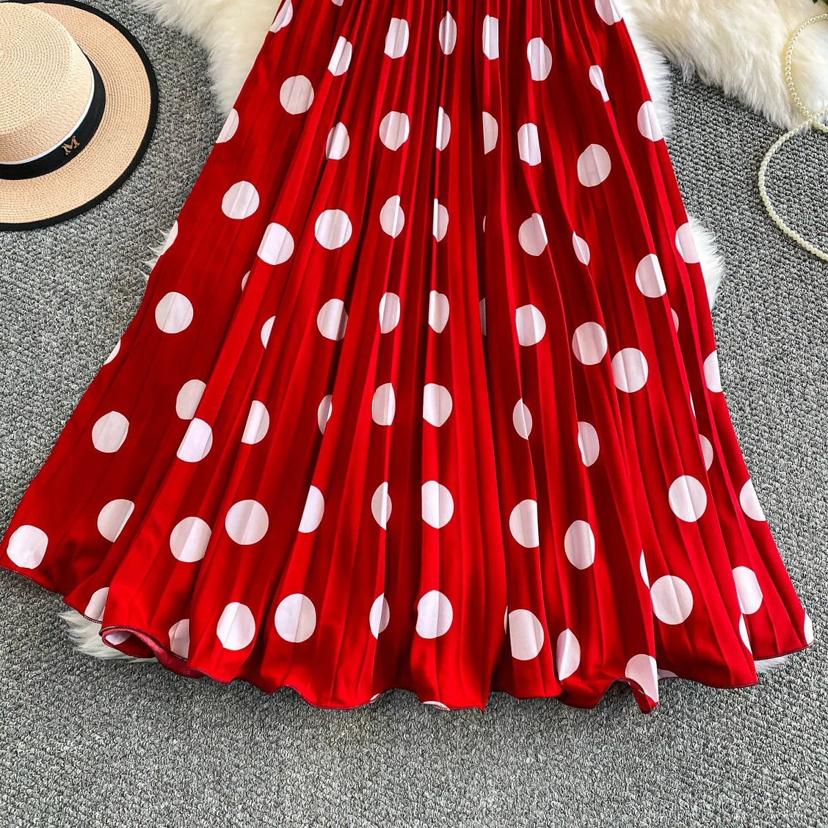 2026 Pleated Skirt Elastic Waist Polka Dot Fashion Printed Slim Pleated Skirt Women's Summer New Beach Vacation Mid-length Skirt