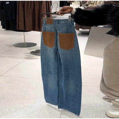 Female Vintage Leather Pocket Jeans Women Blue Zipper Straight Loose Trousers Lady New Fashion Daily Casual Spring Pants 2026