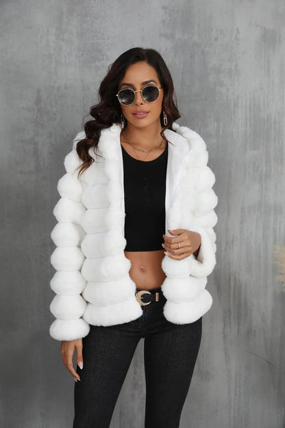 2026 Faux Fur Women Coats Hooded Full Sleeve Short Coat Zipper Thick Warm Solid Temperament Elegant Splice Autumn Winter