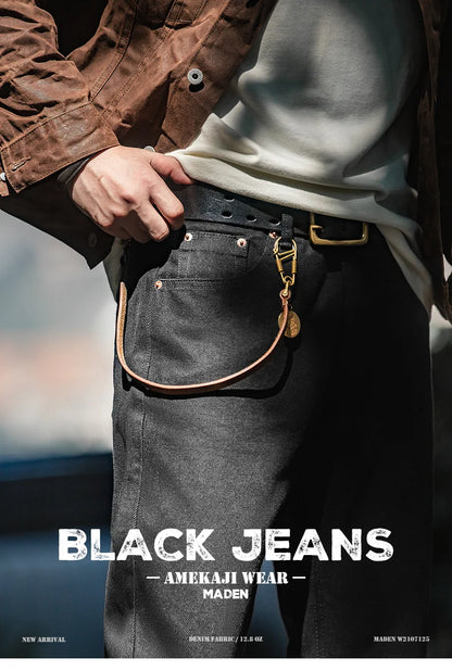 Maden Men's Vintage 12.8oz Black Washed Denim Jeans Mid Rise Straight Classic Casual Zip Fly Pants for Autumn Versatile Trousers