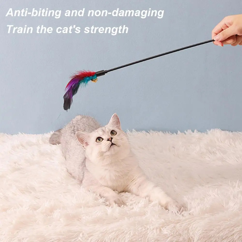Long Pole Feather Cat Teaser Toy Colorful Interactive Kitten Wand Stick Bite-Resistant Pet Teasing Training Supplies
