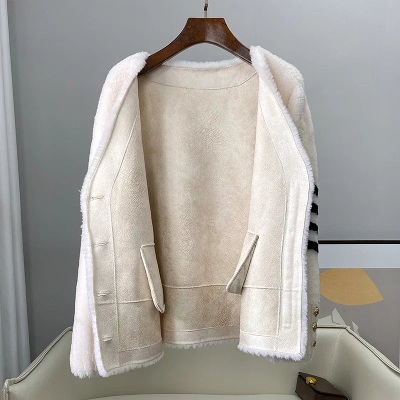 CT152 PDUI Women Real Wool Fur Coat Winter Warm Female Girl Sheep Shearing Jacket Parka OverCoat