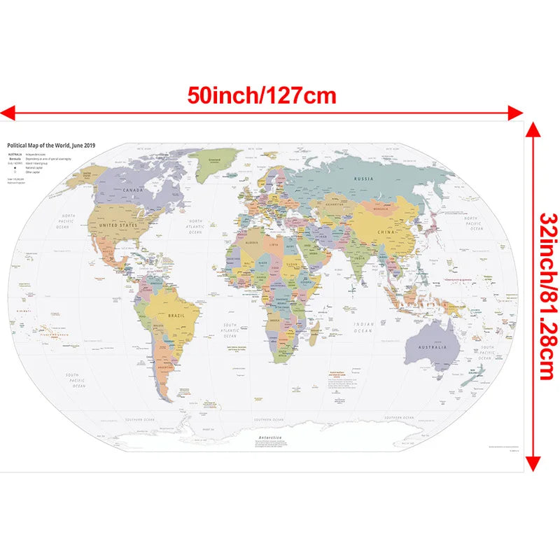 English Map Series-World Map-2019,Decorative Hanging Picture Decor Frameless,Geographical,Tourism/education Tools
