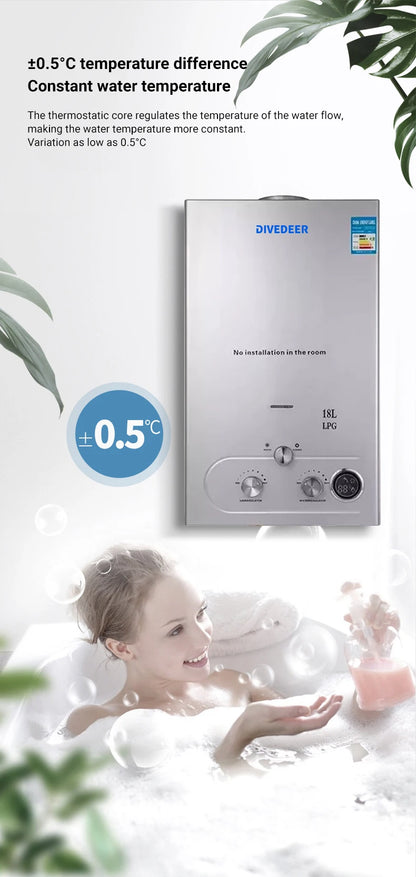 DIVEDEER LPG Gas Hot Water Heater 6L/8L/10L/12L/16L/18L Home Appliance Wall-Mounted Water Heater With Shower Kit Digital Display